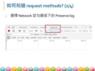 如何知道 request methods? (3/4)
3. 設定要查詢的資料後送出
84
 