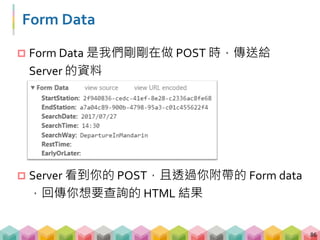範例 04: 如何使用 POST
87
# 觀察網頁後，找到 option 的值
form_data = {
"StartStation":"2f940836-cedc-41ef-8e28-c2336ac8fe68",
"EndStation":"e6e26e66-7dc1-458f-b2f3-71ce65fdc95f",
"SearchDate":"2017/08/13",
"SearchTime":"20:30",
"SearchWay":"DepartureInMandarin"}
# requests 改用 POST，並放入 form_data
response_post = requests.post("https://www.thsrc.com.tw/tw/
TimeTable/SearchResult", data = form_data)
soup_post = BeautifulSoup(response_post.text, "lxml")
 
