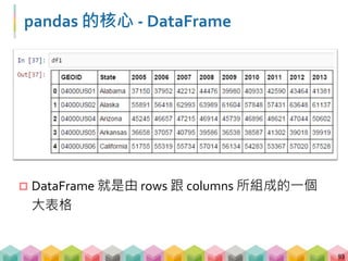 DataFrame 的組成
 一個 DataFrame 的組成可以分成兩種情形來看
 由 rows 組成
 由 columns 組成
94
 