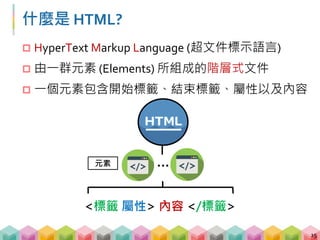 HTML 的結構
<標籤 屬性> 內容 </標籤>
 以樹狀結構，階層式呈現元素之間的關係
16
<html>
<head>
</head>
<body>
<h1 id="title"> Title </h1>
<p> Paragraph <...