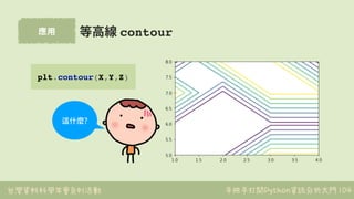 台灣資料科學年會系列活動 手把手打開Python資訊分析大門
應⽤
104
等⾼線 contour
plt.contour(X,Y,Z)
這什麼?
 