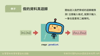 台灣資料科學年會系列活動 手把手打開Python資訊分析大門
例⼦
169
假的資料真迴歸 開始送⼊我們學成的迴歸機預
測! 注意輸⼊格式, 就算只輸⼊
⼀筆也是要⽤⼆維陣列。
regr.predict
 