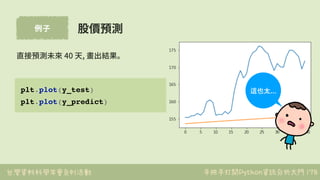 台灣資料科學年會系列活動 手把手打開Python資訊分析大門
例⼦
178
plt.plot(y_test)
plt.plot(y_predict)
股價預測
直接預測未來 40 天, 畫出結果。
這也太...
 