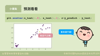 台灣資料科學年會系列活動 手把手打開Python資訊分析大門
⼩重點
209
預測看看
plt.scatter(x_test[:,0], x_test[:,1], c=y_predict - y_test)
就這不正確!
看來還不錯!
 