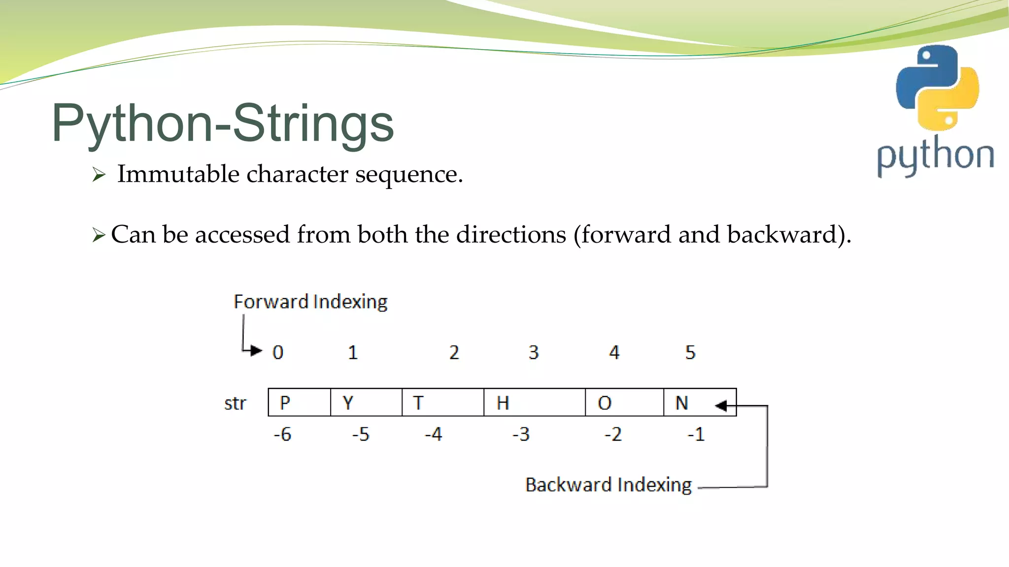 Python-Strings
 Immutable character sequence.
 Can be accessed from both the directions (forward and backward).
 