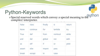 Python-Keywords
Special reserved words which convey a special meaning to the
compiler/ interpreter.
 