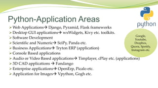 Python-Application Areas
 Web Applications Django, Pyramid, Flask frameworks
 Desktop GUI applications wxWidgets, Kivy etc. toolkits.
 Software Development
 Scientific and Numeric SciPy, Panda etc.
 Business Applications Tryton ERP (application)
 Console Based applications
 Audio or Video Based applications Timplayer, cPlay etc. (applications)
 3D CAD applications  Fandango
 Enterprise applications OpenErp, Picalo etc.
 Application for Images Vpython, Gogh etc.
Google,
Youtube,
Dropbox,
Quora, Spotify,
Instagram etc.
 