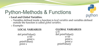 Python-Methods & Functions
 Local and Global Variables:
 Variables defined inside a function is local variables and variables defined
outside the function is called global variables.
 Example:
LOCAL VARIABLES
def printValue():
x=10
print x
printValue()
print x
GLOBAL VARIABLES
y=5
def printValue():
x=10
print x
print y
printValue()
 