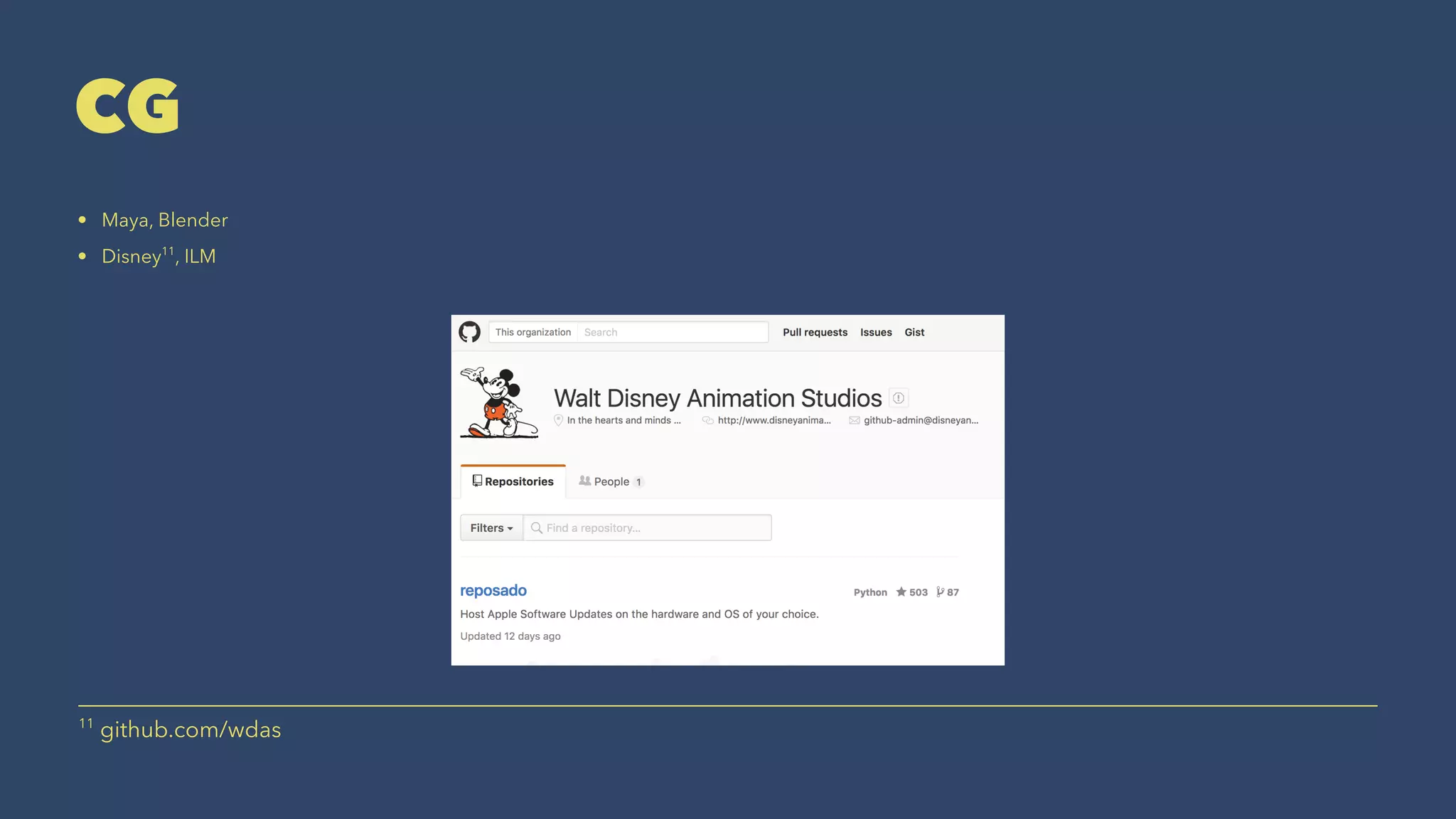 CG
• Maya, Blender
• Disney11
, ILM
11
github.com/wdas
 