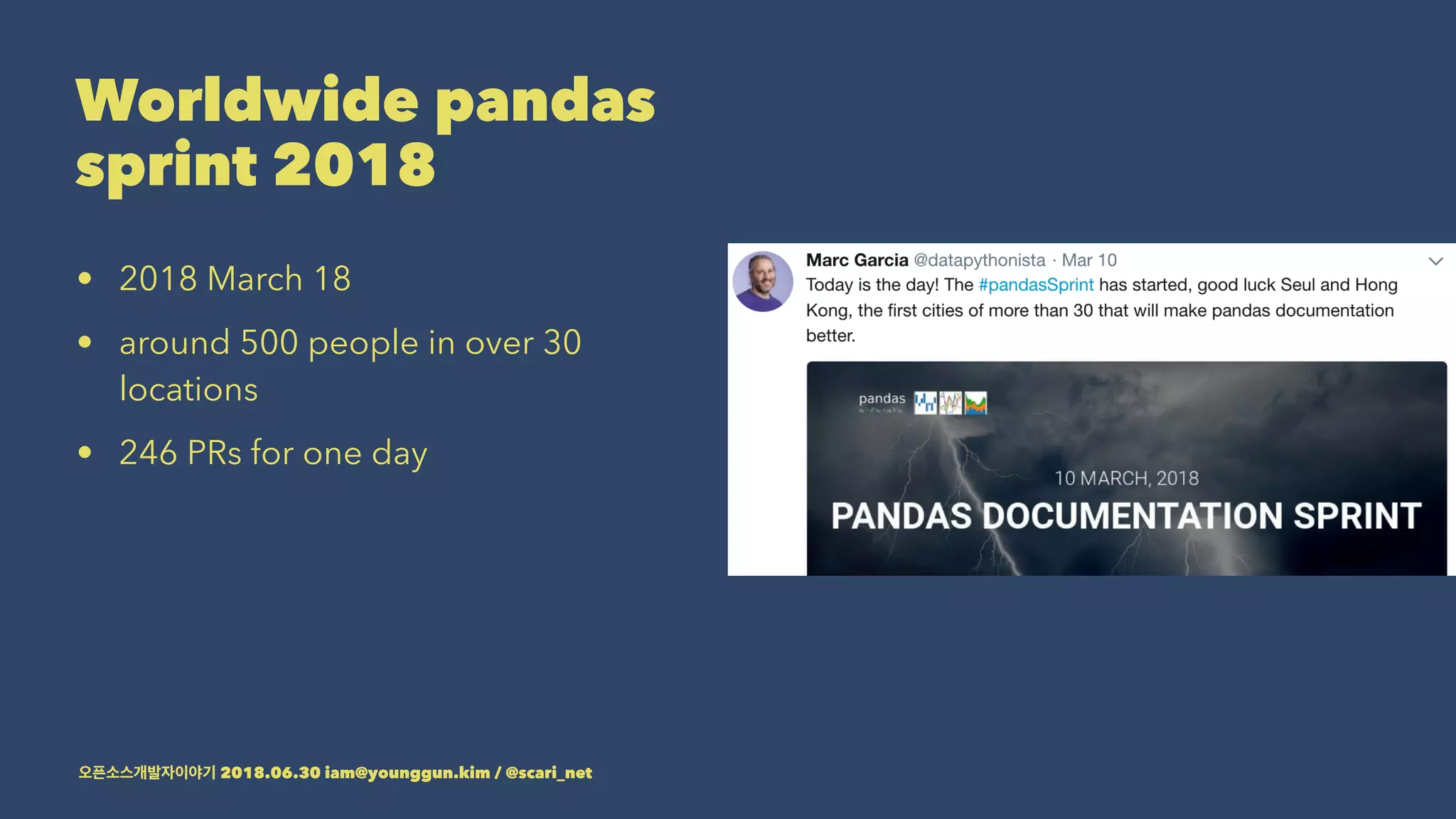 Worldwide pandas
sprint 2018
• 2018 March 18
• around 500 people in over 30
locations
• 246 PRs for one day
2018.06.30 iam@younggun.kim / @scari_net
 