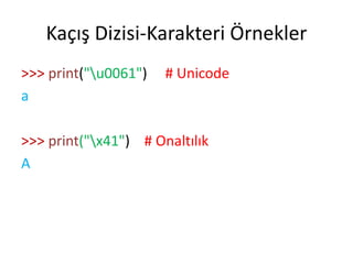 Kaçış Dizisi-Karakteri Örnekler
>>> print("u0061") # Unicode
a
>>> print("x41") # Onaltılık
A
 