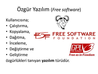 Özgür Yazılım (Free software)
Kullanıcısına;
• Çalıştırma,
• Kopyalama,
• Dağıtma,
• İnceleme,
• Değiştirme ve
• Geliştirme
özgürlükleri tanıyan yazılım türüdür.
 