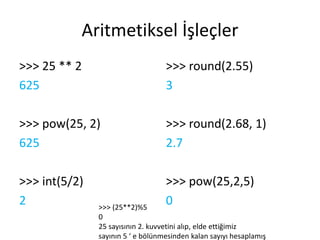 Aritmetiksel İşleçler
>>> 25 ** 2
625
>>> pow(25, 2)
625
>>> int(5/2)
2
>>> round(2.55)
3
>>> round(2.68, 1)
2.7
>>> pow(25,2,5)
0>>> (25**2)%5
0
25 sayısının 2. kuvvetini alıp, elde ettiğimiz
sayının 5 ‘ e bölünmesinden kalan sayıyı hesaplamış
 