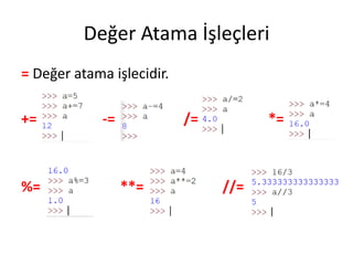 Değer Atama İşleçleri
= Değer atama işlecidir.
+= -= /= *=
%= **= //=
 