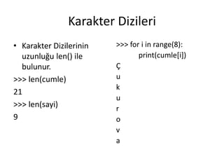 Karakter Dizileri
• Karakter Dizilerinin
uzunluğu len() ile
bulunur.
>>> len(cumle)
21
>>> len(sayi)
9
>>> for i in range(8):
print(cumle[i])
Ç
u
k
u
r
o
v
a
 