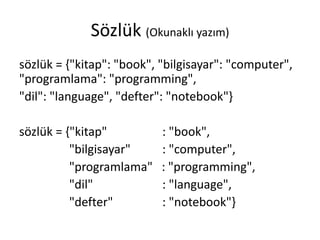 Sözlük (Okunaklı yazım)
sözlük = {"kitap": "book", "bilgisayar": "computer",
"programlama": "programming",
"dil": "language", "defter": "notebook"}
sözlük = {"kitap" : "book",
"bilgisayar" : "computer",
"programlama" : "programming",
"dil" : "language",
"defter" : "notebook"}
 