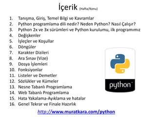 İçerik (Hafta/Konu)
1. Tanışma, Giriş, Temel Bilgi ve Kavramlar
2. Python programlama dili nedir? Neden Python? Nasıl Çalışır?
3. Python 2x ve 3x sürümleri ve Python kurulumu, ilk programımız
4. Değişkenler
5. İşleçler ve Koşullar
6. Döngüler
7. Karakter Dizileri
8. Ara Sınav (Vize)
9. Dosya İşlemleri
10. Fonksiyonlar
11. Listeler ve Demetler
12. Sözlükler ve Kümeler
13. Nesne Tabanlı Programlama
14. Web Tabanlı Programlama
15. Hata Yakalama-Ayıklama ve hatalar
16. Genel Tekrar ve Finale Hazırlık
http://www.muratkara.com/python
 