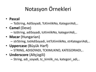 Notasyon Örnekleri
• Pascal
– ToString, AdiSoyadi, TcKimlikNo, KategoriAdi,..
• Camel (Deve)
– toString, adiSoyadi, tcKimlikNo, kategoriAdi,..
• Macar (Hungarian)
– strString, txtAdiSoyadi, intTcKimlikNo, strKategoriAdi,..
• Uppercase (Büyük Harf)
– STRING, ADISOYADI, TCKIMLIKNO, KATEGORIADI,..
• Underscore (Altçizgili)
– String, adi_soyadi, tc_kimlik_no, kategori_adi,..
 