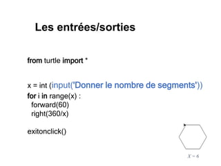 from turtle import *
x = int (input('Donner le nombre de segments'))
for i in range(x) :
forward(60)
right(360/x)
exitonclick()
X = 6
Les entrées/sorties
 
