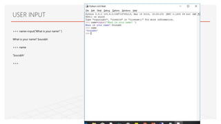 >>> name=input('What is your name? ')
What is your name? Sourabh
>>> name
'Sourabh'
>>>
USER INPUT
 