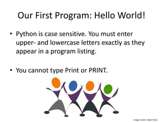 Our First Program: Hello World!
• Python is case sensitive. You must enter
upper- and lowercase letters exactly as they
appear in a program listing.
• You cannot type Print or PRINT.
Image Credit: ClipArt Best
 