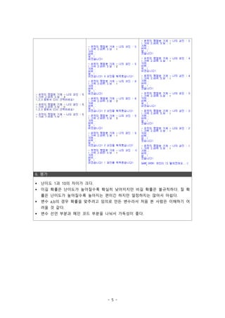 - 5 -
6. 평가
§ 난이도 1과 10의 차이가 크다.
§ 이길 확률은 난이도가 높아질수록 확실히 낮아지지만 비길 확률은 불규칙하다. 질 확
률은 난이도가 높아질수록 높아지는 편이긴 하지만 일정하지는 않아서 아쉽다.
§ 변수 a,b의 경우 확률을 맞추려고 임의로 만든 변수라서 처음 본 사람은 이해하기 어
려울 것 같다.
§ 변수 선언 부분과 메인 코드 부분을 나눠서 가독성이 좋다.
 