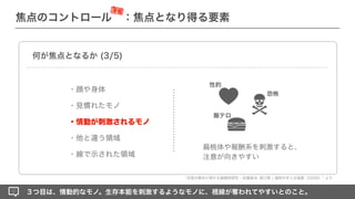 焦点のコントロール ：焦点となり得る要素
・顔や身体
・見慣れたモノ
・情動が刺激されるモノ
・他と違う領域
・線で示された領域
３つ目は、情動的なモノ。生存本能を刺激するようなモノに、視線が奪われてやすいとのこと。
何が焦点となるか (3/5)
桃体や報酬系を刺激すると、
注意が向きやすい
性的
恐怖
飯テロ
注意の瞬きに関する基礎的研究 - 佐藤基治, 原口恵 ¦ 福岡大学人文論叢（2008） より
深堀
 