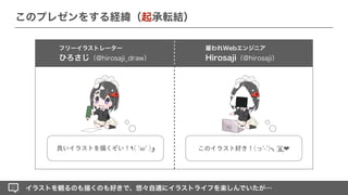 イラストを観るのも描くのも好きで、悠々自適にイラストライフを楽しんでいたが…
フリーイラストレーター
ひろさじ（@hirosaji_draw）
このプレゼンをする経緯（起承転結）
良いイラストを描くぞい！٩( 'ω' )‫و‬ このイラスト好き！(っ'-')╮ = ͟
͟͞͞
❤︎
雇われWebエンジニア
Hirosaji（@hirosaji）
 