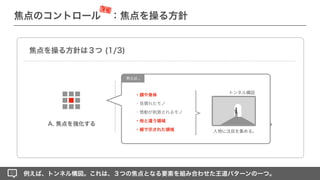 ■■■
■■■
■■■
A. 焦点を強化する C. 焦点を安定させる
B. 焦点を繋ぐ
例えば、トンネル構図。これは、３つの焦点となる要素を組み合わせた王道パターンの一つ。
焦点を操る方針は３つ (1/3)
例えば...
・顔や身体
・見慣れたモノ
・情動が刺激されるモノ
・他と違う領域
・線で示された領域
トンネル構図
⼈物に注⽬を集める。
焦点のコントロール ：焦点を操る方針
深堀
 