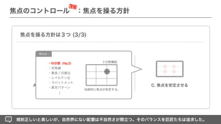 ■■■
■■■
■■■
A. 焦点を強化する C. 焦点を安定させる
B. 焦点を繋ぐ
規則正しいと美しいが、自然界にない配置は不自然さが際立つ。そのバランスを巨匠たちは追求した。
焦点を操る方針は３つ (3/3)
伝統的に焦点が安定する。
３分割構図
・N分割（N 3）
・対角線
・黄金／白銀比
・レイルマン比
・ラバットメント
・直交パターン
…
例えば...
焦点のコントロール ：焦点を操る方針
深堀
 