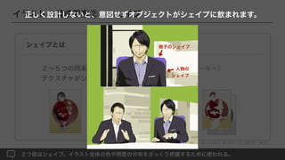 イラストの構成要素②：シェイプ
シェイプとは
２∼５つの同系の色や明度でまとめた領域。（ カラーキー）
テクスチャがシンプルであるほど読み取りやすい。
２つ目はシェイプ。イラスト全体の色や明度の分布をざっくり把握するために使われる。
色でまとめる 明度でまとめる
平滑化
N値化
Vision ストーリーを伝える：色、光、構図 - ハンス・P・バッハー ¦ ボーンデジタル（2019） 他より
正しく設計しないと、意図せずオブジェクトがシェイプに飲まれます。
椅子のシェイプ
人物の
シェイプ
 