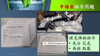 申請表排序問題
December 11, 2021 3
撲克牌排排序
• 先分 花色
• 再排 點數
 