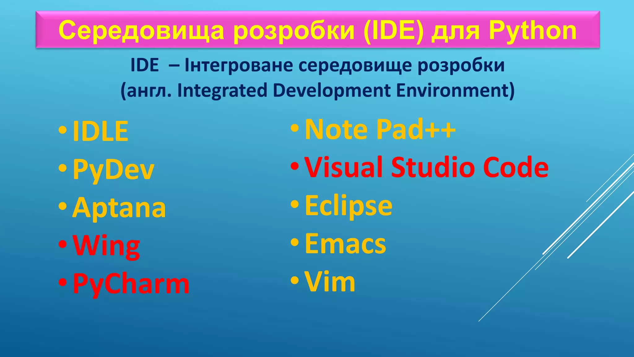 Середовища розробки (IDE) для Python
IDE – Інтегроване середовище розробки
(англ. Integrated Development Environment)
•IDLE
•PyDev
•Aptana
•Wing
•PyCharm
•Note Pad++
•Visual Studio Code
•Eclipse
•Emacs
•Vim
 
