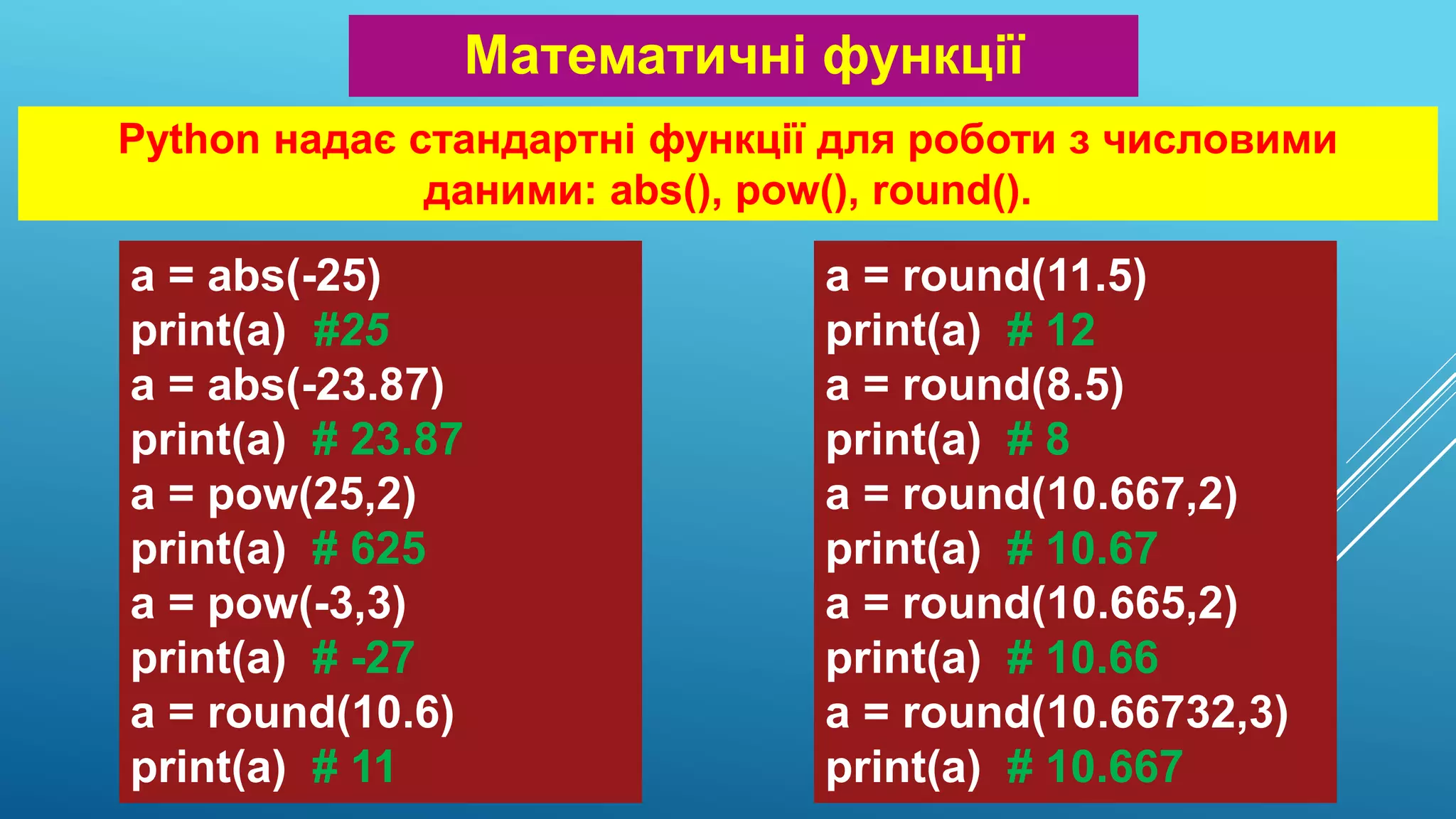 Математичні функції
a = round(11.5)
print(a) # 12
a = round(8.5)
print(a) # 8
a = round(10.667,2)
print(a) # 10.67
a = round(10.665,2)
print(a) # 10.66
a = round(10.66732,3)
print(a) # 10.667
a = abs(-25)
print(a) #25
a = abs(-23.87)
print(a) # 23.87
a = pow(25,2)
print(a) # 625
a = pow(-3,3)
print(a) # -27
a = round(10.6)
print(a) # 11
Python надає стандартні функції для роботи з числовими
даними: abs(), pow(), round().
 