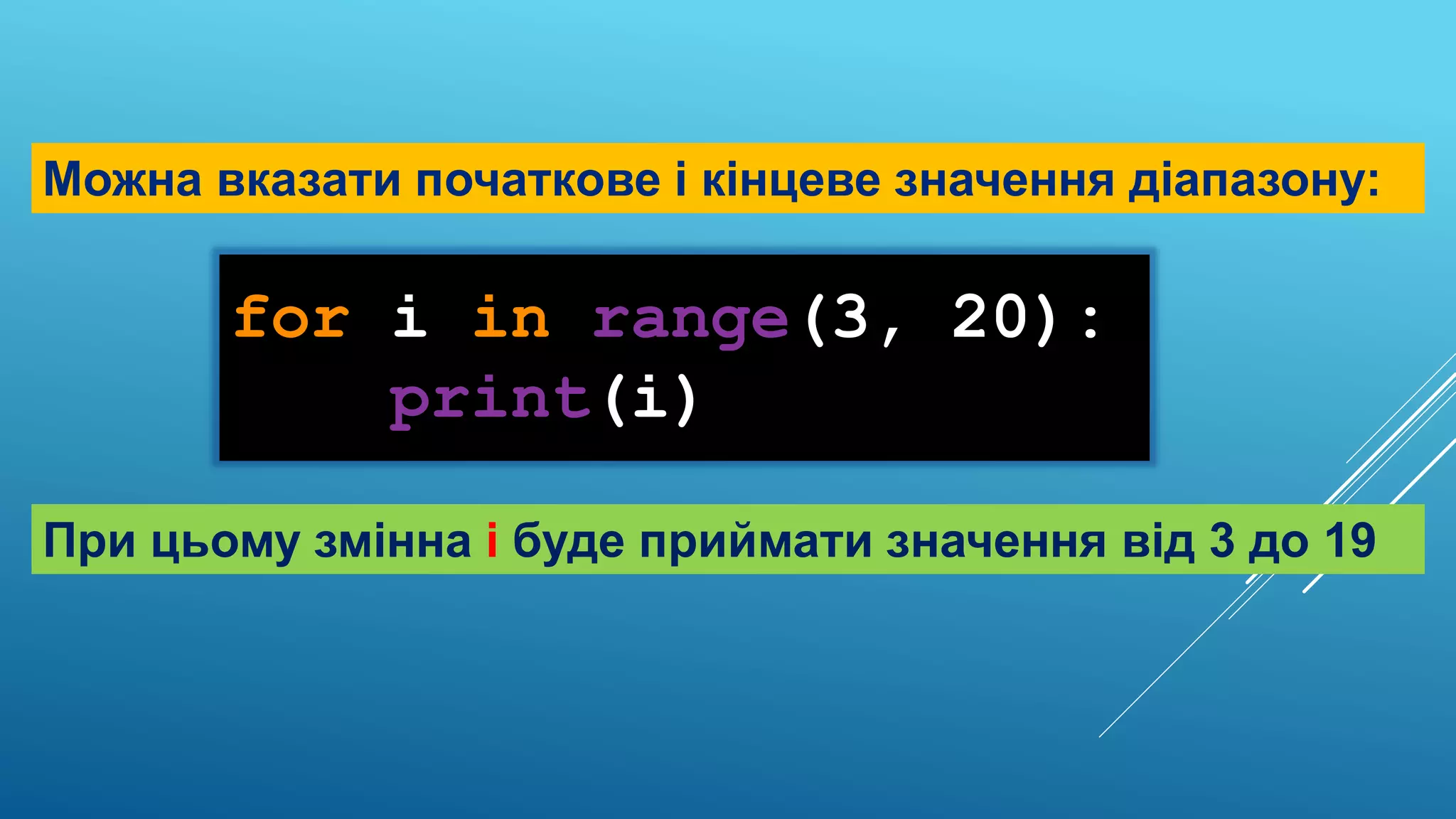 for i in range(3, 20):
print(i)
Можна вказати початкове і кінцеве значення діапазону:
При цьому змінна i буде приймати значення від 3 до 19
 