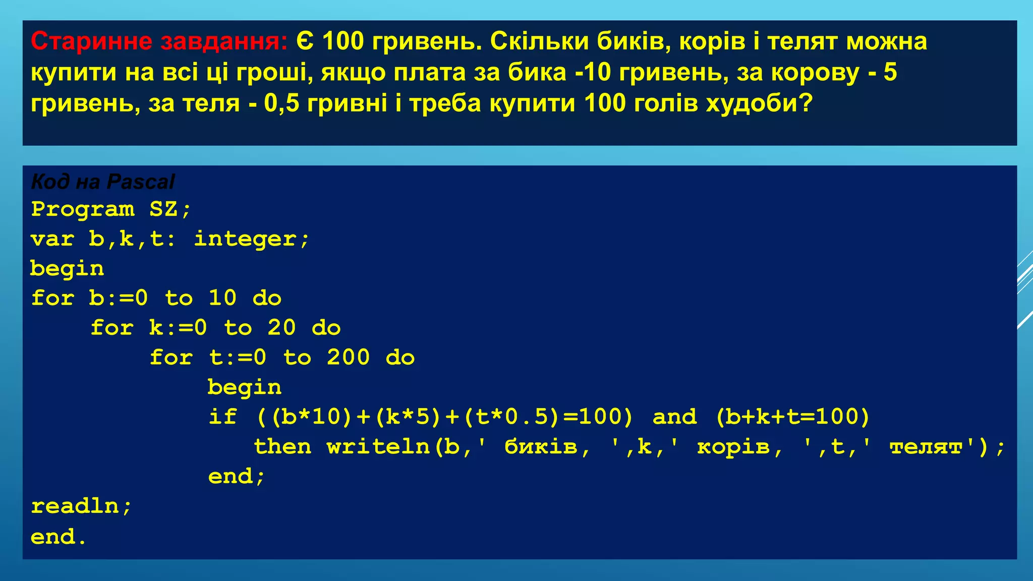 Старинне завдання: Є 100 гривень. Скільки биків, корів і телят можна
купити на всі ці гроші, якщо плата за бика -10 гривень, за корову - 5
гривень, за теля - 0,5 гривні і треба купити 100 голів худоби?
Код на Pascal
Program SZ;
var b,k,t: integer;
begin
for b:=0 to 10 do
for k:=0 to 20 do
for t:=0 to 200 do
begin
if ((b*10)+(k*5)+(t*0.5)=100) and (b+k+t=100)
then writeln(b,' биків, ',k,' корів, ',t,' телят');
end;
readln;
end.
 