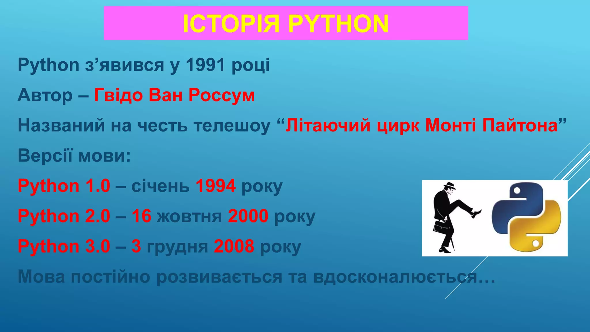 ІСТОРІЯ PYTHON
Python з’явився у 1991 році
Автор – Гвідо Ван Россум
Названий на честь телешоу “Літаючий цирк Монті Пайтона”
Версії мови:
Python 1.0 – січень 1994 року
Python 2.0 – 16 жовтня 2000 року
Python 3.0 – 3 грудня 2008 року
Мова постійно розвивається та вдосконалюється…
 