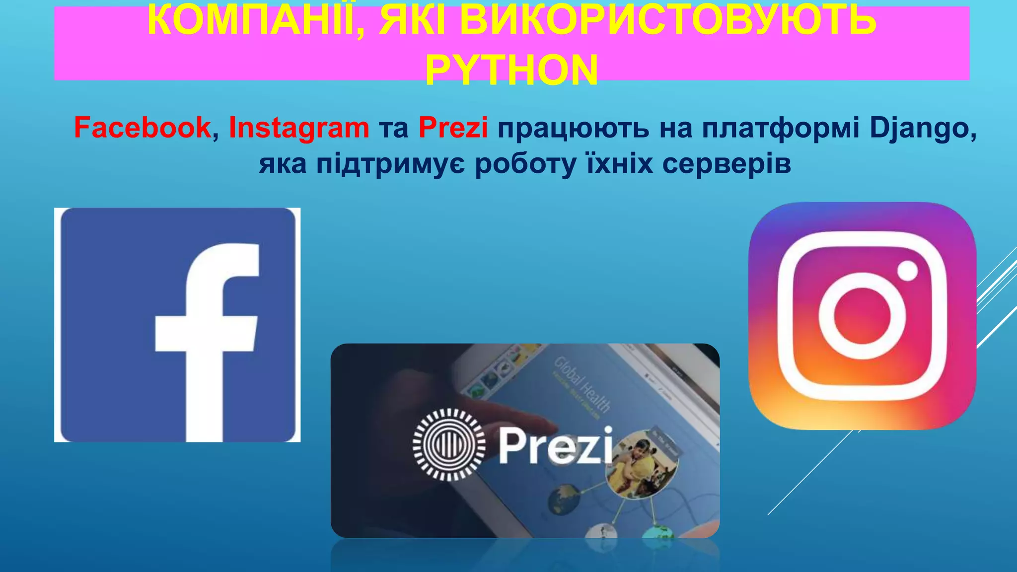 КОМПАНІЇ, ЯКІ ВИКОРИСТОВУЮТЬ
PYTHON
Facebook, Instagram та Prezi працюють на платформі Django,
яка підтримує роботу їхніх серверів
 