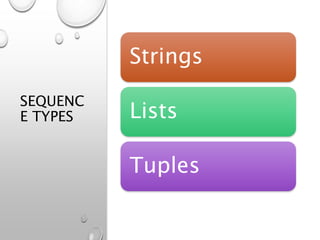 SEQUENC
E TYPES
Strings
Lists
Tuples
 