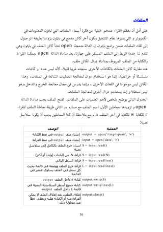 ‫الملفات‬
‫في‬ ‫المعلومات‬ ‫تخزن‬ ‫التي‬ ‫الملفات‬ ‫أسماء‬ ‫فكرة‬ ‫عن‬ ‫خلفية‬ ‫عندهم‬ ‫القراء‬ ‫معظم‬ ‫أن‬ ‫أمل‬ ‫على‬
‫الوصول‬ ‫بطريقة‬ ‫يزودنا‬ ‫بايثون‬ ‫في‬ ‫مدمج‬ ‫كائن‬ ‫آخر‬ ‫يكون‬،‫التشغيل‬ ‫نظام‬ ‫يديرها‬ ‫التي‬ ‫و‬ ‫الكميبوتر‬
‫مدمجة‬ ‫الدالة‬ ‫إن‬.‫بايثون‬ ‫برامج‬ ‫ضمن‬ ‫الملفات‬ ‫تلك‬ ‫إلى‬
open
‫وهي‬ ‫بايثون‬ ‫في‬ ‫الملف‬ ‫كائن‬ ‫تنشأ‬
‫الدالة‬ ‫مناداة‬ ‫بعد‬،‫جهازنا‬ ‫على‬ ‫المستقر‬ ‫الملف‬ ‫إلى‬ ‫الربط‬ ‫خدمة‬ ‫لنا‬ ‫تقدم‬
open
‫القراءة‬ ‫يمكننا‬،
.‫ملف‬ ‫الكائن‬ ‫دوال‬ ‫بمناداة‬،‫المربوط‬ ‫الملف‬ ‫من‬ ‫والكتابة‬
‫كائنات‬ ‫و‬ ‫عددا‬ ‫ليس‬ ‫ﻷنه‬ ،‫قليل‬ ‫غريبا‬ ‫سنجده‬ ‫اﻷخرى‬ ‫بالكائنات‬ ‫الملفات‬ ‫كائن‬ ‫مقارنة‬ ‫عند‬
‫وهذا‬ ،‫الملفات‬ ‫في‬ ‫الشائعة‬ ‫العمليات‬ ‫لمعالجة‬ ‫دوال‬ ‫استخدام‬ ‫هو‬ ‫إنما‬ ،‫خرائطية‬ ‫أو‬ ‫متسلسلة‬
‫وهو‬،‫والدخل‬ ‫الخرج‬ ‫معالجة‬ ‫مجال‬ ‫في‬ ‫يدرس‬ ‫وإنما‬ ، ‫اﻷخرى‬ ‫اللغات‬ ‫في‬ ‫موجودا‬ ‫ليس‬ ‫الكائن‬
.‫الملفات‬ ‫لمعالجة‬ ‫أخرى‬ ‫دوال‬ ‫يستخدم‬ ‫إنما‬ ‫و‬ ‫مستقل‬ ‫ليس‬
‫الدالة‬ ‫مناداة‬ ‫يجب‬ ‫الملف‬ ‫لفتح‬ ،‫الملفات‬ ‫على‬ ‫العلميات‬ ‫ﻷهم‬ ‫ملخص‬ ‫يوضح‬ ‫التالي‬ ‫الجدول‬
open
‫للقراء‬ ‫الملف‬ ‫معاملة‬ ‫طريقة‬ ‫الثاني‬ ‫و‬، ‫مساره‬ ‫مع‬ ‫الملف‬ ‫اسم‬ ‫اﻷول‬ ‫بمعاملين‬ ‫تزويدها‬ ‫و‬
r
‫للكتابة‬
w
‫الملف‬ ‫آخر‬ ‫في‬ ‫للكتابة‬
a
‫سلسل‬ ‫يكونا‬ ‫أن‬ ‫يجب‬ ‫المعاملين‬ ‫كل‬ ‫أن‬ ‫ملحظة‬ ‫مع‬ ،
:‫نصية‬
‫العملية‬
‫الوصف‬
output = open('/tmp/spam', 'w')
‫ملف‬ ‫إنشاء‬
output
‫الكتابة‬ ‫نمط‬ ‫في‬
input = open('data', 'r')
‫ملف‬ ‫إنشاء‬
output
‫القراءة‬ ‫نمط‬ ‫في‬
S = input.read()
‫سلسل‬ ‫إلى‬ ‫بالكامل‬ ‫الملف‬ ‫خرج‬ ‫اسناد‬
‫نصية‬
S = input.read(N)
‫قراءة‬
N
)‫أكثر‬ ‫أو‬ ‫(واحد‬ ‫البايتات‬ ‫من‬
S = input.readline()
‫التالي‬ ‫السطر‬ ‫قراءة‬
L = input.readlines()
‫بحيث‬ ‫قائمة‬ ‫في‬ ‫ووضعه‬ ‫الملف‬ ‫خرج‬ ‫قراءة‬
‫في‬ ‫عنصر‬ ‫يساوي‬ ‫الملف‬ ‫في‬ ‫سطر‬ ‫كل‬
‫القائمة‬
output.write(S)
‫كتابة‬
S
‫الملف‬ ‫داخل‬
output
output.writelines(L)
‫في‬ ‫النصية‬ ‫السلسلة‬ ‫أسطر‬ ‫جميع‬ ‫كتابة‬
‫قائمة‬
L
‫الملف‬ ‫داخل‬
output
output.close()
‫يمكن‬ ‫ل‬ ‫الملف‬ ‫إغلق‬ ‫بعد‬ ،‫الملف‬ ‫إغلق‬
‫خطأ‬ ‫ويعطي‬ ‫عليه‬ ‫الكتابة‬ ‫أو‬ ‫منه‬ ‫القراءة‬
‫ذلك‬ ‫محاولة‬ ‫عند‬
30
 
