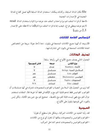 file
‫للدالة‬ ‫كقناع‬ ‫تعمل‬ ‫ﻷنها‬ ‫السابقة‬ ‫الدالة‬ ‫استخدام‬ ‫يمكنك‬ ‫وكذلك‬ ،‫السابقة‬ ‫الدالة‬ ‫مكان‬
‫الجديدة‬ ‫اﻹصدارات‬ ‫في‬ ‫الجديدة‬
–
‫الدالة‬ ‫باستخدام‬ ‫ثانية‬ ‫مرة‬ ‫عرضه‬ ‫عند‬ ‫الملف‬ ‫و‬ ‫واحدة‬ ‫مرة‬ ‫تتم‬ ‫الملف‬ ‫قراءة‬ ‫أن‬ ‫لحظ‬
read
‫اﻹصدار‬ ‫على‬ ‫لحظته‬ ‫ما‬ ‫ثانية(هذا‬ ‫مرة‬ ‫الملف‬ ‫قراءة‬ ‫إعادة‬ ‫فيجب‬ ،‫فراغ‬ ‫ويعطي‬ ‫عرضه‬ ‫يتم‬ ‫ل‬
2.3
)‫بايثون‬ ‫من‬
‫للكائنات‬ ‫العامة‬ ‫الخصائص‬
‫الخصائص‬ ‫عن‬ ‫سريعة‬ ‫جولة‬ ‫نأخذ‬ ‫دعنا‬ ،‫بايثون‬ ‫في‬ ‫المدمجة‬ ‫الكائنات‬ ‫جميع‬ ‫أنهينا‬ ‫أن‬ ‫وبعد‬ ‫اﻵن‬
.‫فيها‬ ‫تتشارك‬ ‫التي‬ ‫باثيون‬ ‫في‬ ‫المدمجة‬ ‫للكائنات‬ ‫العامة‬
‫الكائنات‬ ‫تصنيف‬
:‫سابقا‬ ‫رأيناها‬ ‫التي‬ ‫اﻷنواع‬ ‫جميع‬ ‫يصنف‬ ‫التالي‬ ‫الجدول‬
‫الكائن‬ ‫نوع‬
‫صنفه‬
‫للتوسع؟‬ ‫قابل‬
‫اﻷعداد‬
Numbers
‫عددي‬
‫ل‬
‫النصية‬ ‫السلسل‬
Strings
‫متسلسل‬
‫ل‬
‫القوائم‬
Lists
‫متسلسل‬
‫نعم‬
‫القواميس‬
Dictionaries
‫تخطيطي‬
‫نعم‬
‫المجموعات‬
Tuples
‫متسلسل‬
‫ل‬
‫الملفات‬
Files
‫امتدادي‬
N/A
‫أن‬ ‫و‬،‫متسلسلة‬ ‫أنها‬ ‫في‬ ‫تشترك‬ ‫والمجموعات‬ ‫القوائم‬ ‫و‬ ‫النصية‬ ‫السلسل‬ ‫فإن‬ ‫الجدول‬ ‫من‬ ‫نرى‬ ‫كما‬
‫تستخدم‬ ‫الملفات‬ .‫فل‬ ‫غيرها‬ ‫أما‬ ‫فقط‬ ‫اﻹنكماش‬ ‫و‬ ‫التوسع‬ ‫قابلية‬ ‫تدعم‬ ‫فقط‬ ‫القواميس‬ ‫و‬ ‫القوائم‬
‫ليس‬ ‫ولكن‬ ،‫الكتابة‬ ‫يتم‬ ‫حين‬ ‫تتوسع‬ ‫صحيح‬ ،‫بالضبط‬ ‫للتوسع‬ ‫قابلة‬ ‫ليست‬ ‫فهي‬،‫للتوسع‬ ‫دوال‬
.‫اﻷنواع‬ ‫على‬ ‫بايثون‬ ‫تفرضها‬ ‫التي‬ ‫بالقيود‬
‫العمومية‬
:‫نقول‬ ‫أن‬ ‫نستطيع‬ ‫عام‬ ‫وبشكل‬ ،‫المركبة‬ ‫الكائنات‬ ‫من‬ ‫العديد‬ ‫رأينا‬ ‫لقد‬
‫الكائنات‬ ‫من‬ ‫نوع‬ ‫أي‬ ‫تخزن‬ ‫أن‬ ‫يمكنها‬ ‫والمجموعات‬ ‫والقواميس‬ ‫القوائم‬-
‫المركب‬ ‫التداخل‬ ‫تدعم‬ ‫والمجموعات‬ ‫والقواميس‬ ‫القوائم‬-
32
 