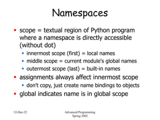 12-Dec-22 Advanced Programming
Spring 2002
Namespaces
 scope = textual region of Python program
where a namespace is directly accessible
(without dot)
 innermost scope (first) = local names
 middle scope = current module's global names
 outermost scope (last) = built-in names
 assignments always affect innermost scope
 don't copy, just create name bindings to objects
 global indicates name is in global scope
 