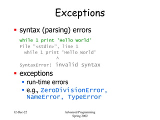 12-Dec-22 Advanced Programming
Spring 2002
Exceptions
 syntax (parsing) errors
while 1 print 'Hello World'
File "<stdin>", line 1
while 1 print 'Hello World'
^
SyntaxError: invalid syntax
 exceptions
 run-time errors
 e.g., ZeroDivisionError,
NameError, TypeError
 