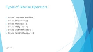 Types of Bitwise Operators
© Safdar Sardar
Khan
▶ Bitwise Complement operator (~)
▶ Bitwise AND operator (&)
▶ Bitwise OR Operator (|)
▶ Bitwise XOR Operator (^)
▶ Bitwise Left Shift Operator (<<)
▶ Bitwise Right Shift Operator (>>)
 