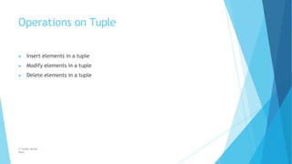 Operations on Tuple
© Safdar Sardar
Khan
▶ Insert elements in a tuple
▶ Modify elements in a tuple
▶ Delete elements in a tuple
 