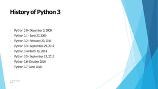 Historyof Python3
© Safdar Sardar
Khan
• Python 3.0 -December 3, 2008
• Python 3.1 -June 27, 2009
• Python 3.2 -February 20, 2011
• Python 3.3 -September 29, 2012
• Python 3.4-March 16, 2014
• Python 3.5 -September 13, 2015
• Python 3.6- October 2016
• Python 3.7- June 2018.
 