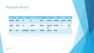 Reserve Words
© Safdar Sardar
Khan
and del from nonlocal try as elif global not
assert else if or with break except impor
t
pass
class exec in print false contin
ue
finally is rais
e
def for lambda return while yield True
 