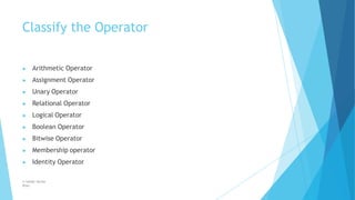 Classify the Operator
© Safdar Sardar
Khan
▶ Arithmetic Operator
▶ Assignment Operator
▶ Unary Operator
▶ Relational Operator
▶ Logical Operator
▶ Boolean Operator
▶ Bitwise Operator
▶ Membership operator
▶ Identity Operator
 