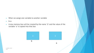 ▶ When we assign one variable to another variable
▶ b=a
▶ A new memory box will be created by the name ‘b’ and the value o...