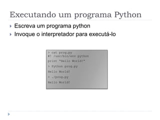 Executando um programa Python
 Escreva um programa python
 Invoque o interpretador para executá-lo
> cat prog.py
#! /usr/bin/env python
print “Hello World!“
> Python prog.py
Hello World!
> ./prog.py
Hello World!
 